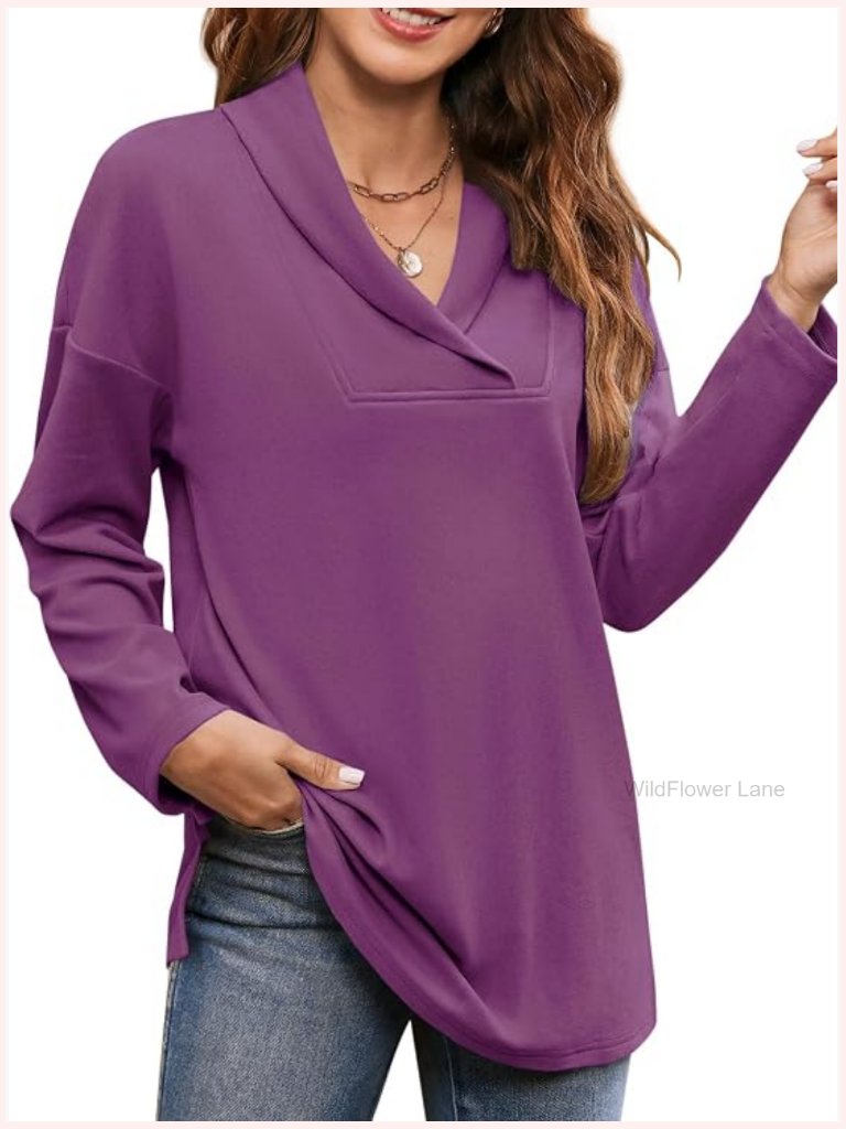 Long Sleeve Shawl Neck Tunic Tops For Leggings Casual Blouse Sweatshirt